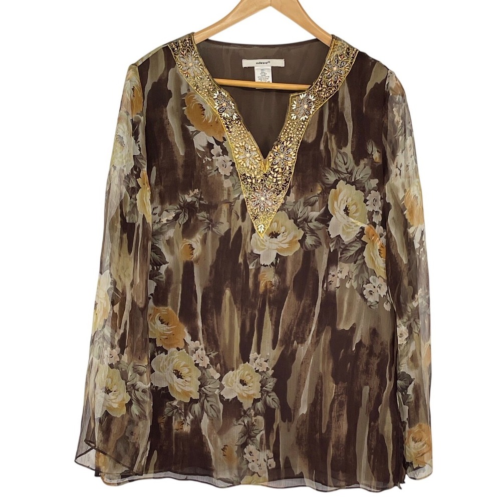 Vintage Edwards Floral 100% Silk Beaded Sheer Top Size L Forest Fairy Whimsigoth